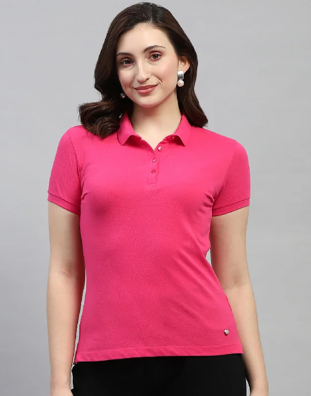 Women Pink Solid Polo Collar Half Sleeve T Shirt